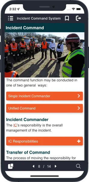 QuickSeries eGuide screenshot of the Incident Command System eGuide shown in a QuickConnect smartphone app