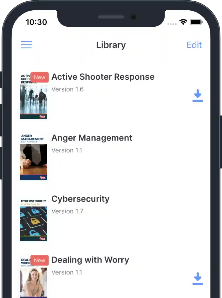 A smartphone showing the library module in a QuickConnect app with preparedness and mental health content.