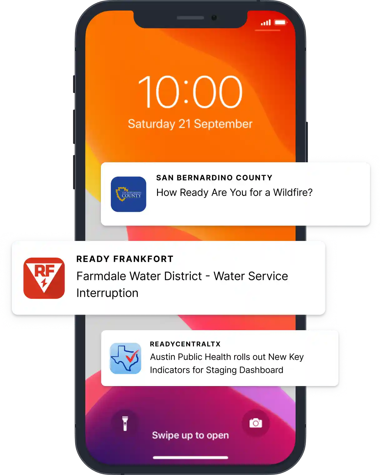 An apple smartphone with multiple push notifications standing out. They are alerting the owner to various emergencies from San Bernadino county, Ready Frankfort and Ready Maricopa