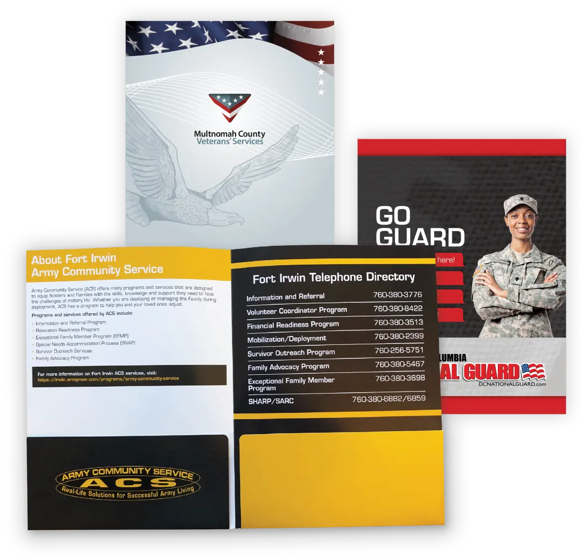 Three quickseries custom folders. The cover of The national Guard folder with a solider on it, the Multnomah County Veteran’s services folder and the inside preview of the fort Irwin army community service ACS folder