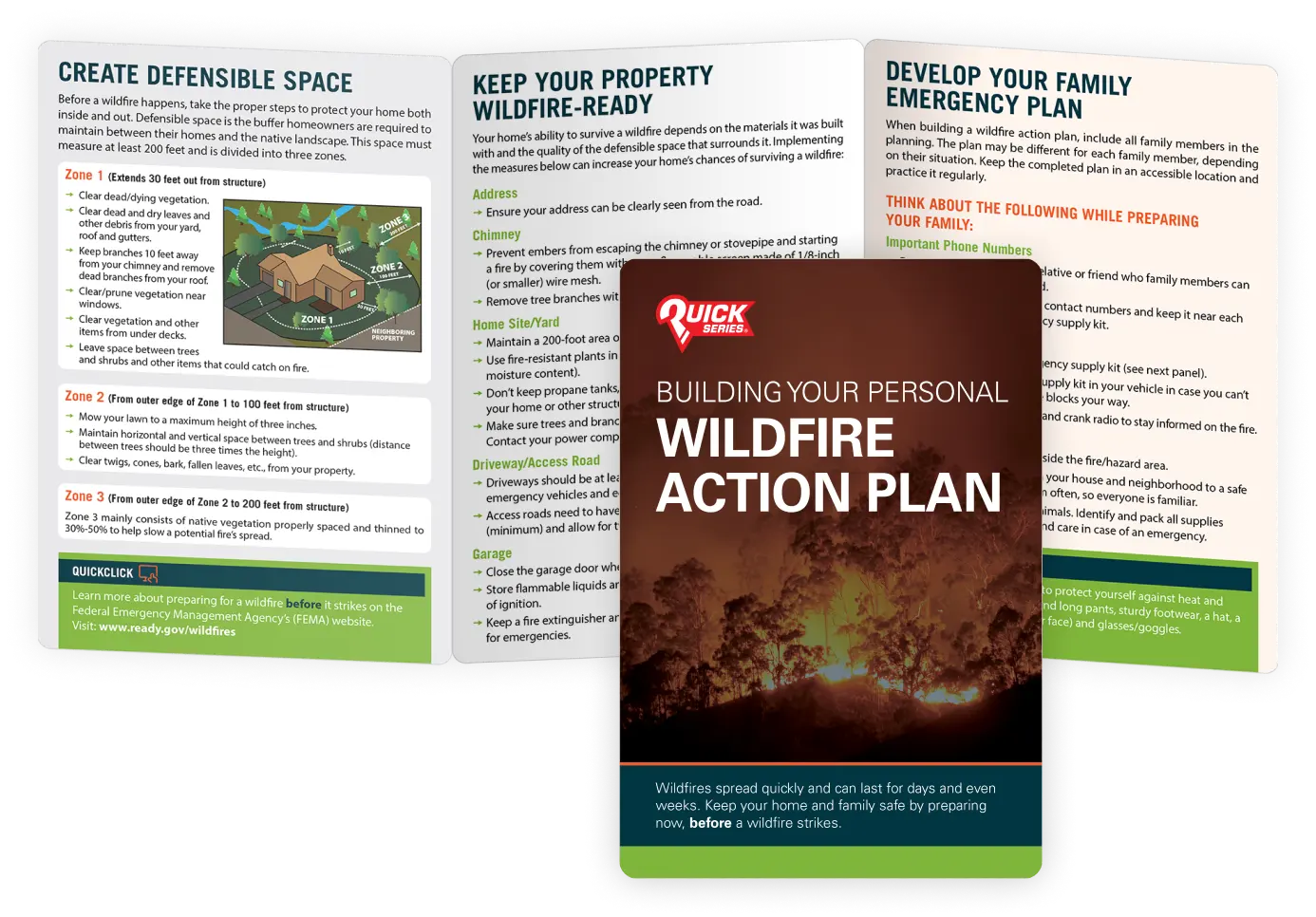 Detailed look at the QuickSeries Pocket Card front panel titled Building Your Personal Wildfire Action Plan.