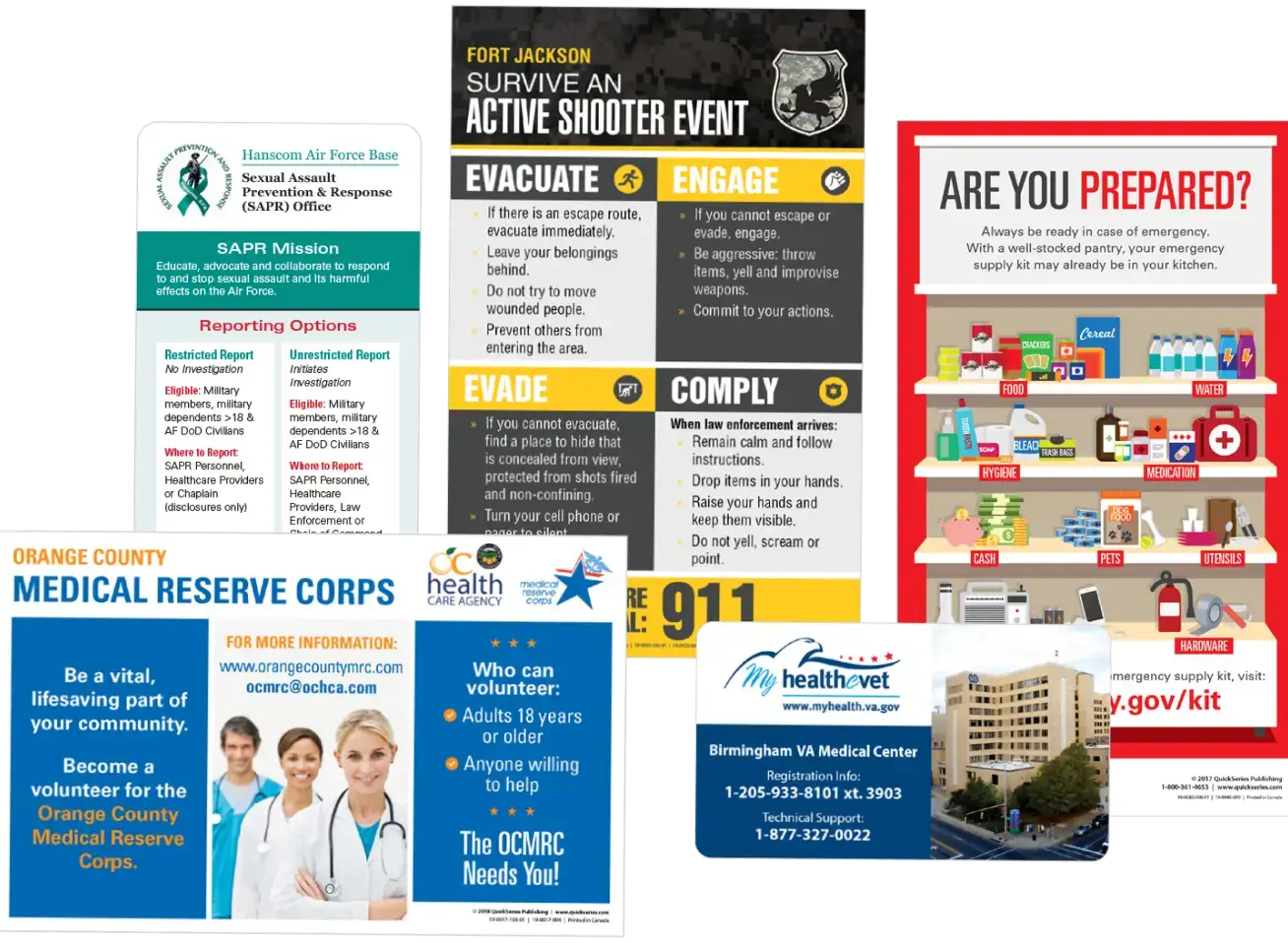 A selection of quickseries magnets & message cards addressing active shooter events and intimate partner violence. Other custom formats are from the Orange County medial reserve corps and  the Birmingham VA medical center