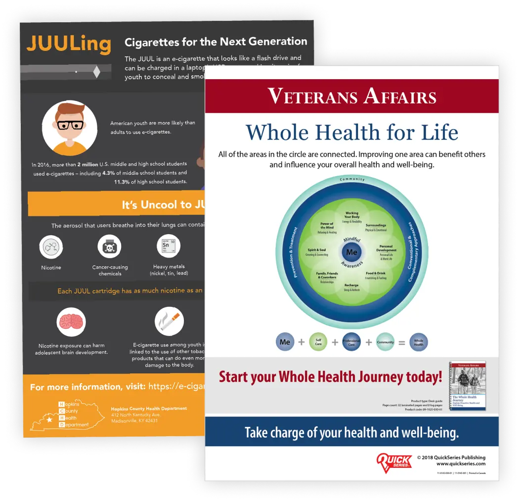 Two QuickSeries double sided posters with infographic styles showing information why JUULing is the cigarettes for the next generation and a customized poster by the Veterans Affairs promoting a Whole Health for life in veterans