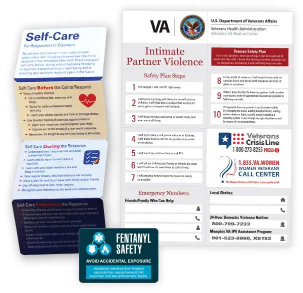 Assembled and layout of three quickseries wallet cards. A folded version of the Fentanyl safety card, the print layout for the VA Intimate Partner violence card and the back panel of the Self-care during disasters card