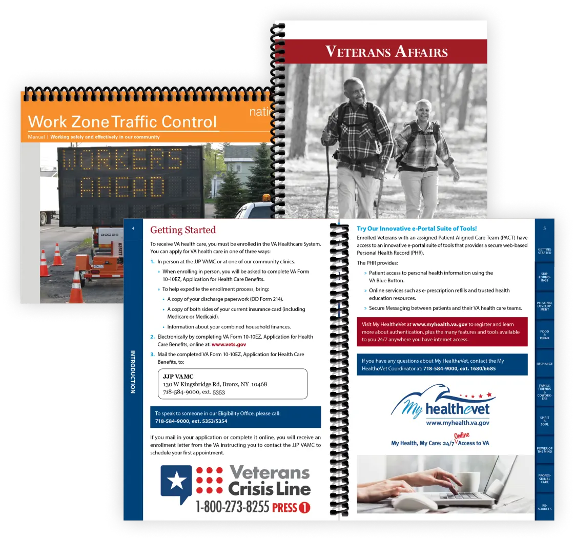 A set of QuickSeries desk guides with spiral binding about work zone traffic control and customized versions by the Veterans Affairs about the MyHealtheVet program