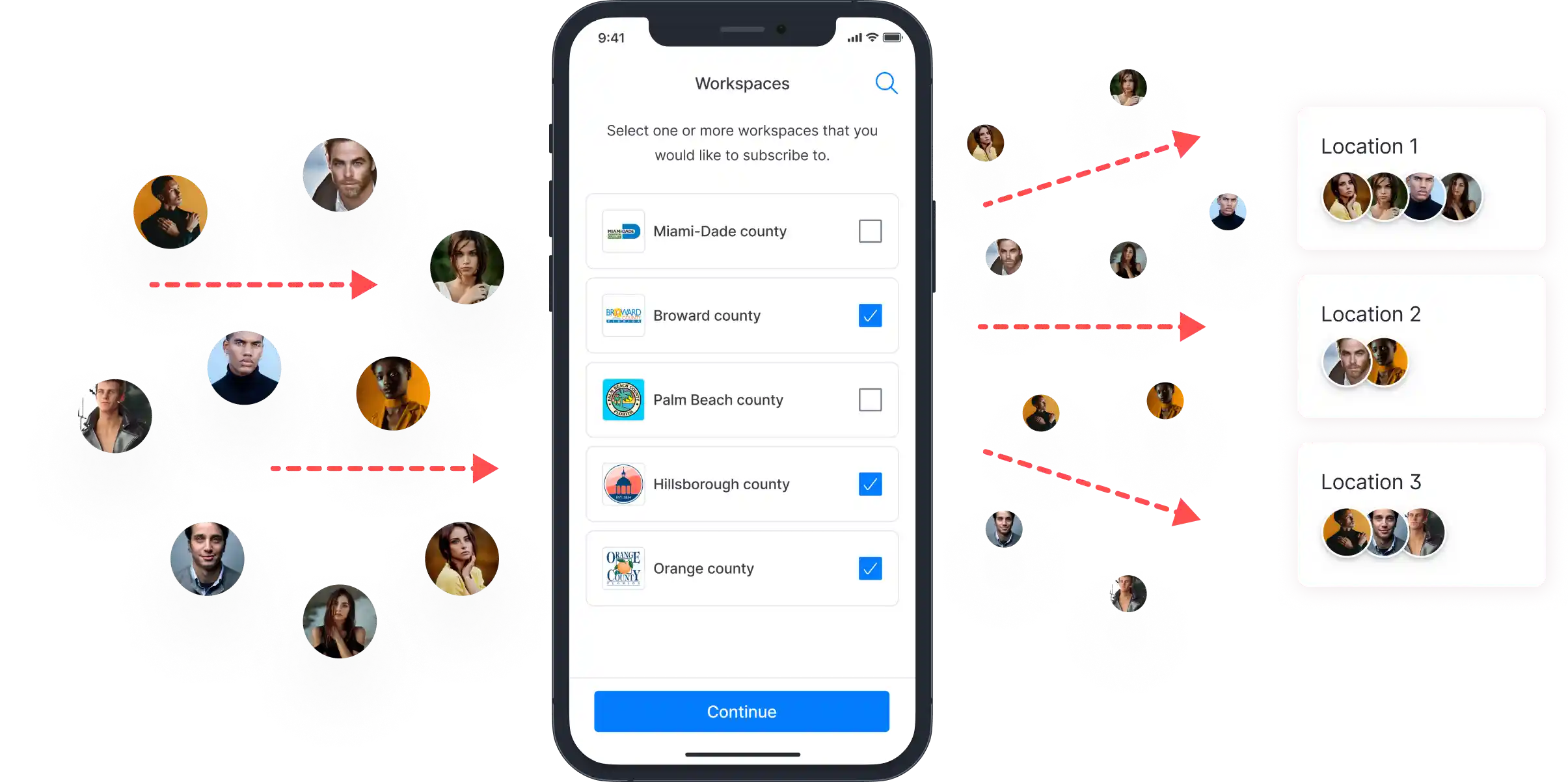 The workspaces delivery option user menu in a smartphone. It shows the multiple options available in Florida for the user including specific counties such as Broward, Miami-Dade and Hillsborough.